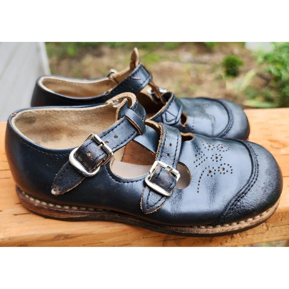 Handmade Black Leather Toddler 7.5 or 8‎ Double Buckle Mod Retro Dress Shoes